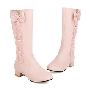 أحذية حلوة منخفضة الكعب الفتيات أحذية لعب الأميرة منتصف طول لوليتا أحذية المرأة الوردي الأبيض أبيض الكشكش القوس أحذية الشتاء الحجم 26-43