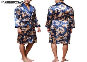 INCERUN FASHION SATIN SILK PAJAMAS MENS ROBE Long Sleeves Bathrobe Lucky Chinese Dragon Print Bathrobe Sleepwear Lounge12565919