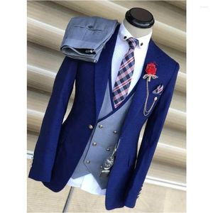 Men's Suits Blue Men Notch Lapel Double Breasted Vest Wedding Groom Dress Costume Homme Prom Party Tailored Clothes 3 Pcs