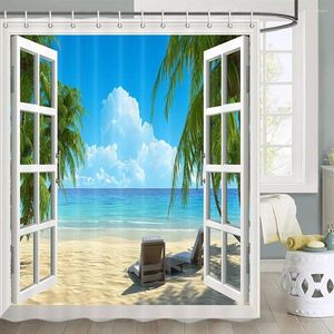 Shower Curtains 3D Beach Scenic Curtain Ocean Waves Boats Tropical Summer Palm Tree Natural Scenery Outdoor Bathroom Home Decor