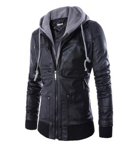 Ganzer Europa Stil Frühling Herbst Slim Fit mit Kapuze gefälschter zweiteiliger Männer039s Motorrad Ledermantel Männer Kleidung 6565430