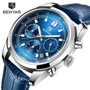 Wristwatches BENYAR 5193 Mens Multi Functional Moonlight Night Glow Date Fashion Leather Strap Luxury Top Quartz for Men Y240510
