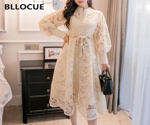 BLLOCUE High Quality 2020 Autumn Runway Long Dress Women Singlebreasted Lantern Sleeves Hollow Embroidered Lace Sashes Dress MX204320742