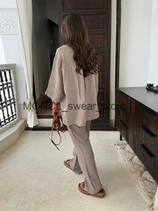 Kadınlar İki Parçalı Pantolon 2024 Yeni Katı Gevşek Takım Şık Lapel Single Bravatalı Uzun Slve Gömlek Geniş Bacak Seti Yaz Lady High Strt Setleri H240531