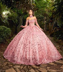 Różowy meksykańskie sukienki Quinceanera suknia balowa kochanie błyszczące koronkowe puszysty puffy szarbowe 16 sukienek 15 anos