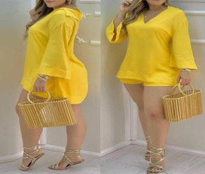 2021 Women Women Plain Bell Sleeve Vneck Long Chave Cash Shorts Shorts Casual Summer Solid Streetewar Set X06128015395