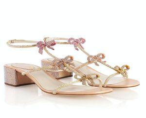 豪華なデザイナーRenes Low -Heeled Jewelled Sandals Shoes With Bow Crystals Wealking Flats Party Wedding Sexy High Heels EU3549755071