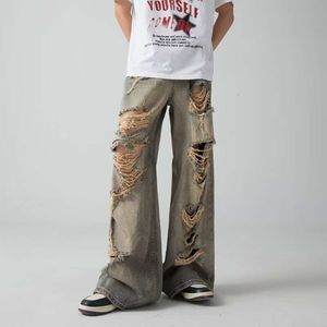 High Street Wasteland Colored Jeans Niche de nicho para homens Mulheres, com calças finas e retas de mendigo com uma sensação caída
