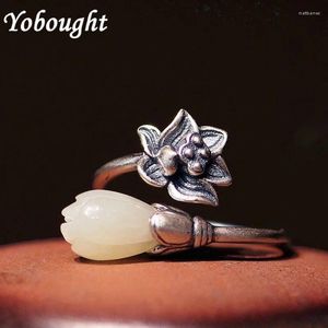 Cluster Rings Natural Hetian Magnolia Flower Lotus Opening Adjustable Ring Chinese Style Retro Bohemian Elegant Charm Silver Jewelry