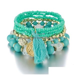 Bracelets de charme tassel tassel beleza cabeça moeda arroz miçangas de miçangas mulheres presentes bohe colorf ouro metal mti-camada elástica stretc dh3rg