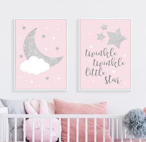 Sweet Pink Moon Stars Kindergartenkunst Leinwand Malerei Wandbilder Plakate und Drucke für Baby Girls Schlafzimmer Home Dekoration1207528