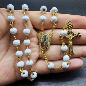 ペンダントネックレス女性用の白い木製ロザリオネックレス十字架クロスロングチェーン男性宗教カトリック祈りの宝石