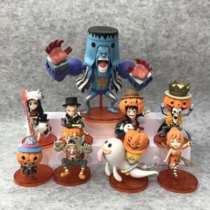 Action Toy Figures 9pcs/Set Anime One Piece WFC Halloween Luffy Sanji Chopper Nami Pumpkin Clollectibile Action Figure Toys G240529
