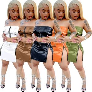 NEW Designer Summer Leather Dress Sets Women Sexy Strapless Crop Top and Split Mini Skirt Two Piece Sets Casual PU Zipper Skirt Suits Bulk Wholesale Clothes