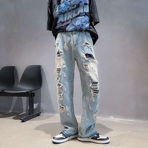 American Street Fashion Hiphop Distressed Jeans Men's Trendy Loose Straight Leg Pants for Both Men and Women