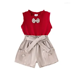 Clothing Sets 1-4Y Fashion Summer Kids Girl Outfits Set Cute Red Sleeveless Bow Tank Tops Shorts Toddler Girls 2Pcs Clothes