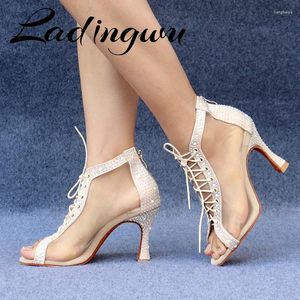 Dance Shoes Ladingwu Silk Skin Satin Glittering Rhinestone And Pearl Ankle Boots Women Latin Ballroom Social