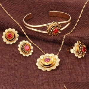 Bracelet, Earrings & Necklace New Ethiopian Gold Flowers Et Jewelry Pendant Bangle Ring 24K Cz Habesha African Wedding Brid Dhgarden Dh9Xf