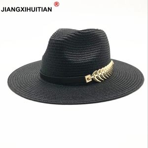 Summer British Belt Vintage Trilby Flat Brimmed Straw Hat Shading Sun Hat Lady Beach Hat Unisex Jazz Hat 240521