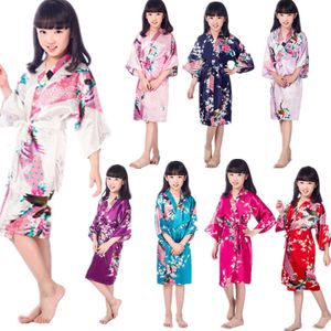 Partihandel barns satin kimono mantlar flickor barn blommor sömnkläder ärtblomma mantel för spa bröllop födelsedag nattklänning l2405