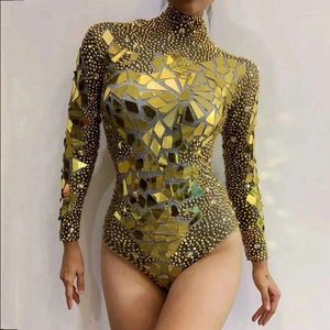 Sahne Giyim Parlayan Altın Rhinestones Aynalar Bodysuit Kadınlar Doğum Günü Kutlama Parti Kıyafet Bar Şarkıcı Dansçı Göster Performans Kostüm