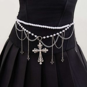 Salircon Steampunk Metal Mesh Tassel Cross Pendant Waist Chain Sexy Gothic Imitation Pearl Body Chain Womens Bar Body Jewelry