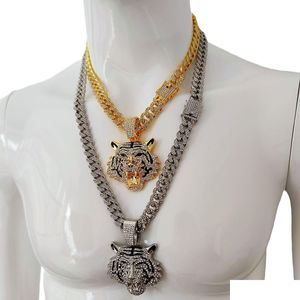 Pendant Necklaces Cool 3D Fl Oil Tiger Head Heavy Wide Cuban Chain Necklace Trendy Nightclub Personalized Mens 18K Gold Soli Dhgarden Dhcqw