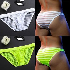 Underpants Men Ultra-Thin Panties Low-Waist Mesh Underpants Transparent Bulge Pouch Brief Striped Breathable Summer Ice Silk Underwear Q240529