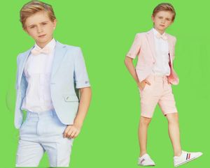 Summer Two Piece Boy Formal Wear Wedding Party Tuxedos Short Sleeve Sky Blue Toddler Kids Boy039s Suits Cheap Custom Made Brith9226154