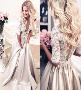 New Vintage Long Prom Dresses Sexy Half Sleeves Satin Prom Dresses Lace Beaded VNeck Evening Party Dresses Elegant Prom Gowns6382076