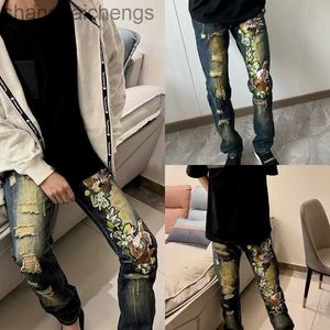 Fashion amirirs jeans men classic hole designer punk style Autumn New Jeans Mens Small Feet Slim and Perforated Personalized Patch Cloth Trendy Elastic Mens Casual