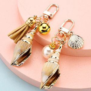 Nya kvinnor Pearl Conch Keychains Shell Bell Tassel Pendant Nyckelkedjor Ringar Purse hörlurarfodral Keyring Charm Bag Gifts
