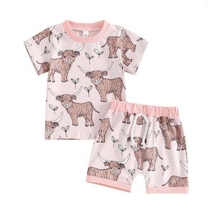 衣類セット幼児の男の子の女の子の夏の服をセット西洋スタイルの牛のプリント半袖Tシャツと弾力性のあるショーツ2PC