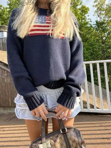 Men's Sweaters Womens Y2K Women Winter Vintage Ladies Luxury American Flag Knit Sweater Aesthetics Long Sleeve Oversize Pullover Tops Clothes Q240530