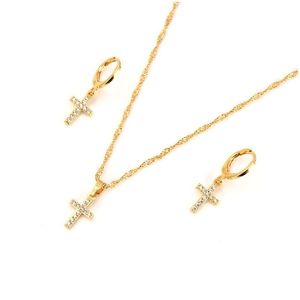 Earrings & Necklace New African Jewelry Sets Solid Gold Gf Crystal Cross White Cz Fine Pendant Women Chain Girls Kids Party Dhgarden Dhlnw