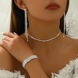 Women Rhinestone Crystal Wedding Bridal Choker Necklace Earrings Bracelet Jewelry Sets