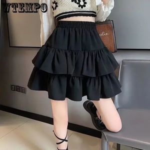 Sweet Cake Aline Skirt Black Women Cute Pleated Puffy Elastic Waist Preppy Style Solid Color Casual Korean Fashion 240530