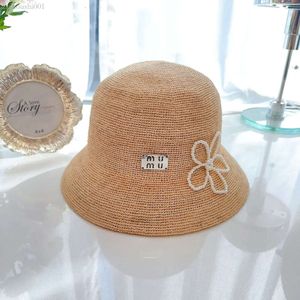 Elegant designer handmade pearl flower grass woven bucket hats high-quality vacation beach hat 39a6