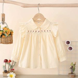 Camicie per bambini camicia per ragazze squisite piccoli ricami di fiori di fiori solidi decorazioni in pizzo in pizzo accademico in stile polo collare a maniche lunghe versatili top h240530