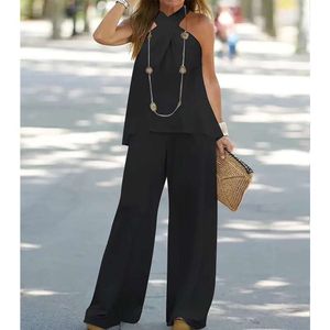 Designer women's clothing 2024 New Fashion Casual Hanging Neck Solid Color Sleeveless Set Wide Leg Pants Business Office Women's Top Long Pants Two Piece Set UMJC