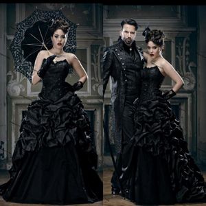 Vintage svart gotiska bröllopsklänningar plus storlek älskling snörning korsett snörning viktorianska vampyrer punk onda drottningar brudklänning 207r