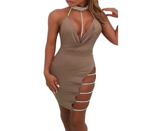 Svart sexig festklänning kvinnor sommar mode djupt v nacke halter backless choker slits paljett bodycon klänningar kvinnor kläder4305843