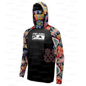 Pelagic Performance Fishing Hooded Shirts With Mask Fishing Clothing Mens Long Sleeve UPF 50 Breathable Neck Gaiter T-shirts 240521