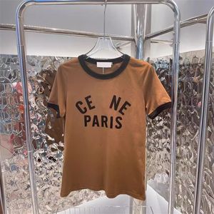 Retro Contrasting Brand T Shirt Women Flocked Letter Short Sleeved T-shirt Summer Thin Top Tees Ladies Clothes Designer Tshirt Ce Round Neck Brown Tops