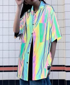 Herren Casuashirts Drop Reflective Männer Kurzarm Shirt Street Hip Hop Punk Bluse Mann Vintage Regenbogen Kleidung Männer 5960209