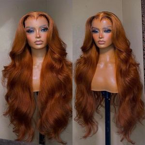 Brasilianskt hår mörk ingefära 360 transparent spets frontal peruk för kvinna ingefära brun kropp våg spets front peruk förplukt blandad syntetisk heul