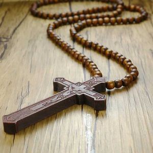 Pendant Necklaces Vnox 36 Long Rosary Necklace Large Wood Jesus Christ Cross Pendant With Wooden Beads Sweater Chain Male Collier Statement Jewel Y2405307JYC