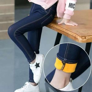 Girls Winter Cowboy Denim Long Pants Kids Thicken Warm Bootcuts Skinny Thick Leggings With Fleece Elastic Waist Trousers L2405