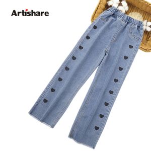 Hjärtmönster barn flickor nyaste jeans för barn casual stil barnkläder våren hösten l2405