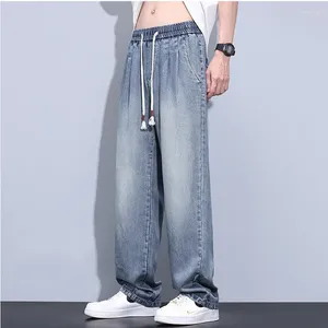 Men's Jeans Fashion Men Summer Baggy Straight Male Tide Ultra Thin Lyocell Elastic Waist Daily Drawstring Blue Wide Leg Denim Trousers